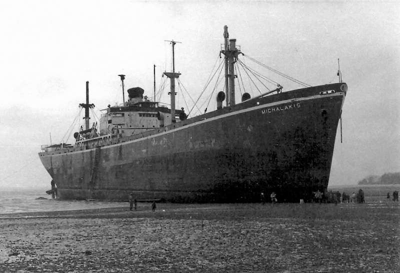  MICHALAKIS aground on the mudflats opposite Empress Avenue at West Mersea. She had broken adrift on 14th February 1958 and was refloated by tugs on 16th February. 
Cat1 Blackwater-->Laid up ships Cat2 Ships and Boats-->Merchant -->Power Cat3 Disasters and Mishaps-->at Sea